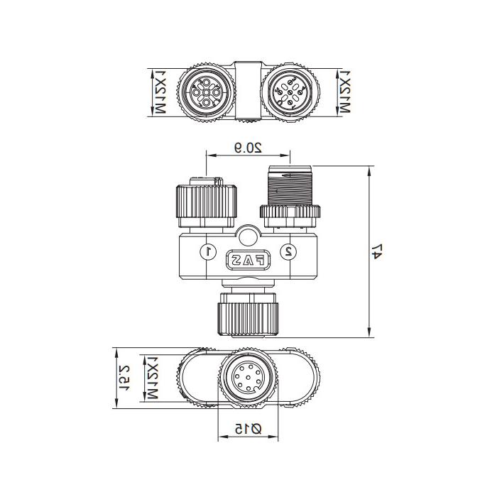 M12 8Pin母/M12 5Pin公+M12 5Pin母，y型连接器，648551